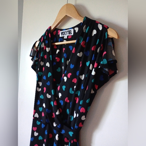 Vicky Tiel Heart Print Multicolor Wrap Dress Size Small - Picture 5 of 12